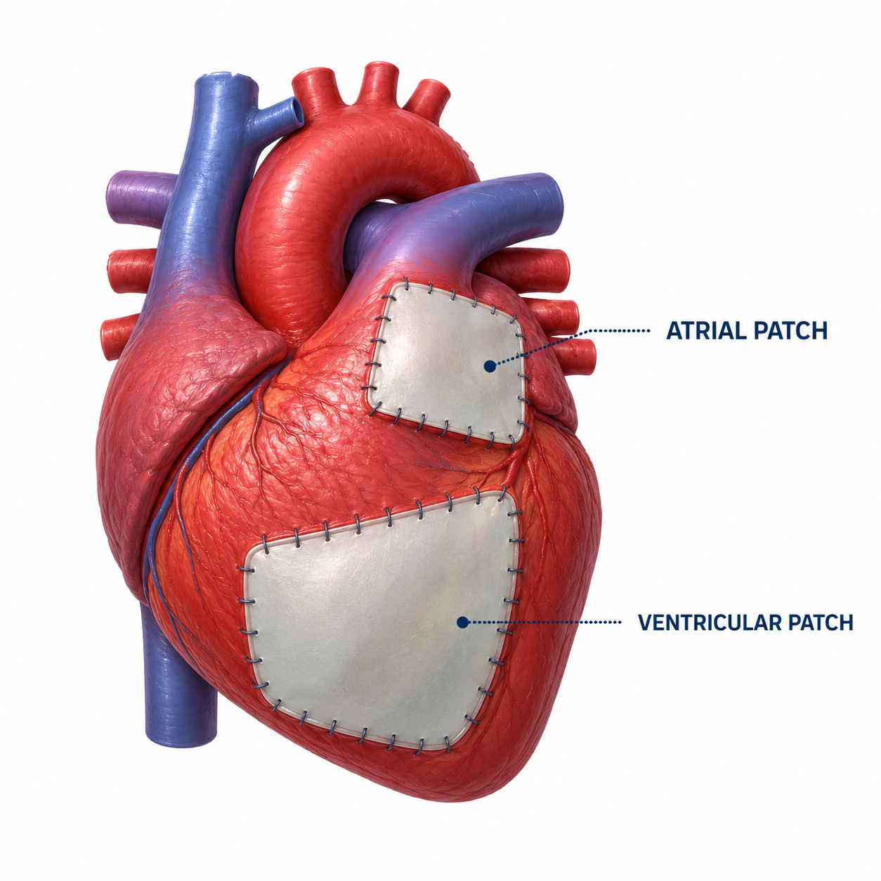 Illustration of a Surgicoll-Mesh cardiac patch used for atrial and ventricular repair